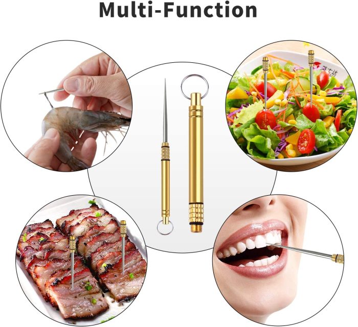2 Pieces Portable Titanium Toothpicks Keychain Brass Pocket Toothpicks with Metal Toothpick Holder for Outdoor Picnic and Camping Brass: Home & Kitchen