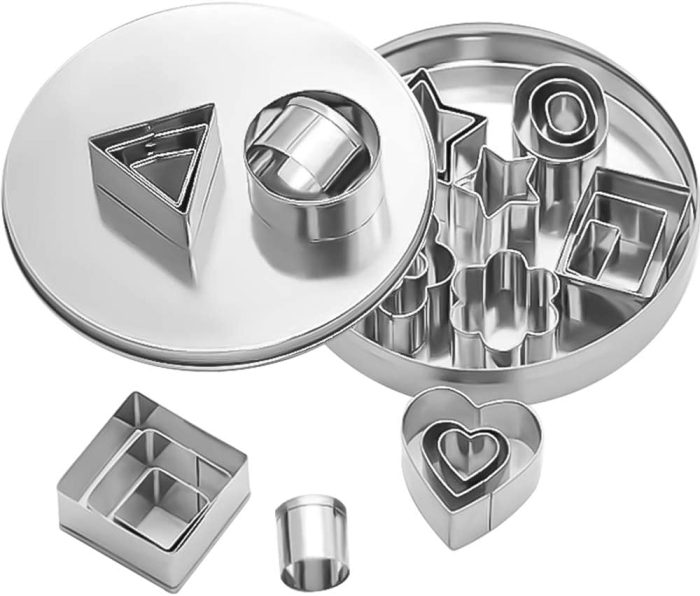 24PCS Mini Cookie Cutter Set Small Molds Stainless Steel Metal Molds Heart Star Flower Geometric Shaped Assorted Sizes for Kitchen Baking Dessert Plating Design and Molding Cake Decoration