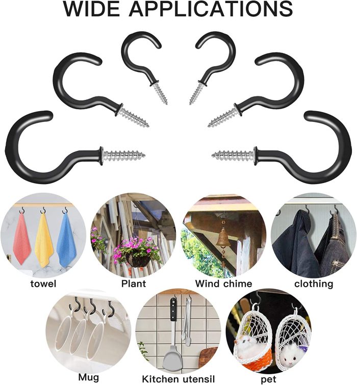 25 Pack Ceiling Hooks,Vinyl Coated Screw-in Wall Hooks, Plant Hooks, Kitchen Hooks, Cup Hooks Great for Indoor & Outdoor Use -1/2", 1",1-1/2",(Black) : Home & Kitchen