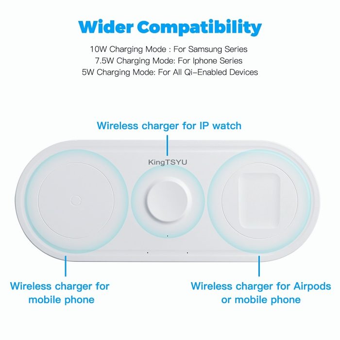 3 in 1 Wireless Charging Station for iPhone Iwatch AirPods Phone and Watch, Charger Dock Pad for Magnetic Apple Watch 6 5 4 3 2 Airpods 2 Pro iPhone 13/12/11 Pro/X/Xr/Xs, USB C 10W White KingTSYU