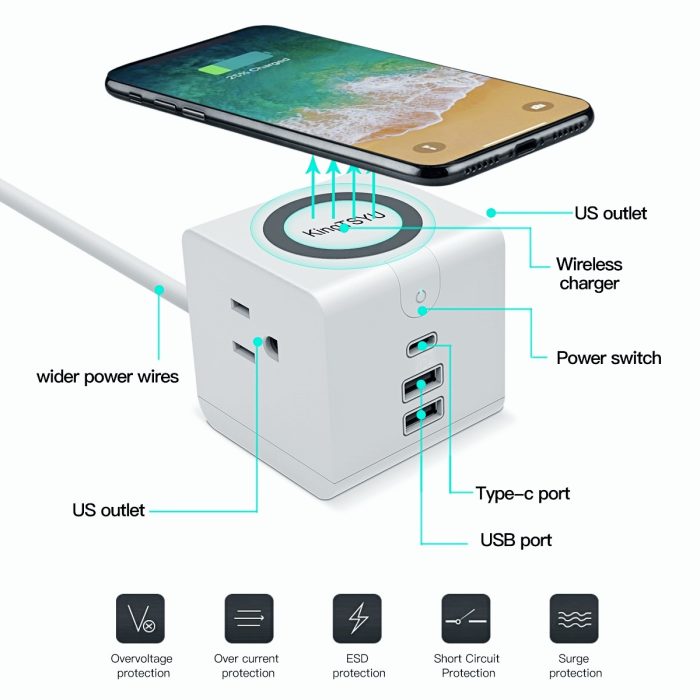 Travel Wireless Charger Power Strip Tower With 45W USB C PD Port, High-Speed Power Delivery Charging Station For Laptop MacBook Pro iphone ipad Surge Protector, 2 QC3.0 USB Ports 2 AC Outlets KingTSYU