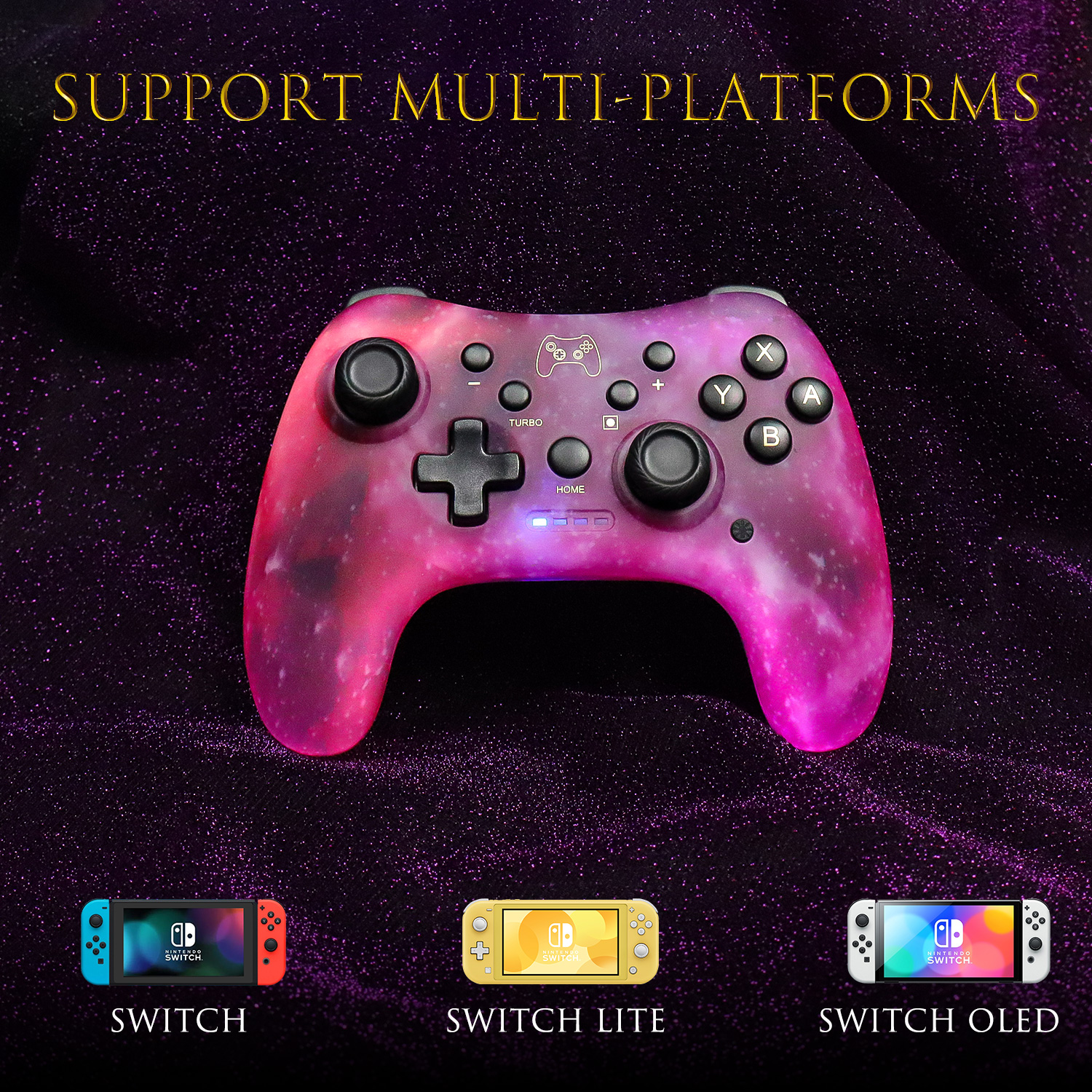 FIEHDUW Switch Pro Controller Compatible for Nintendo Switch/Lite/OLED/Android/iOS/PC, Wireless Switch Controller with TURBO, Wake-up, 6-Axis Gyro, 3 Levels Vibration, and 8 Colors LED (Cosmic Nebula)