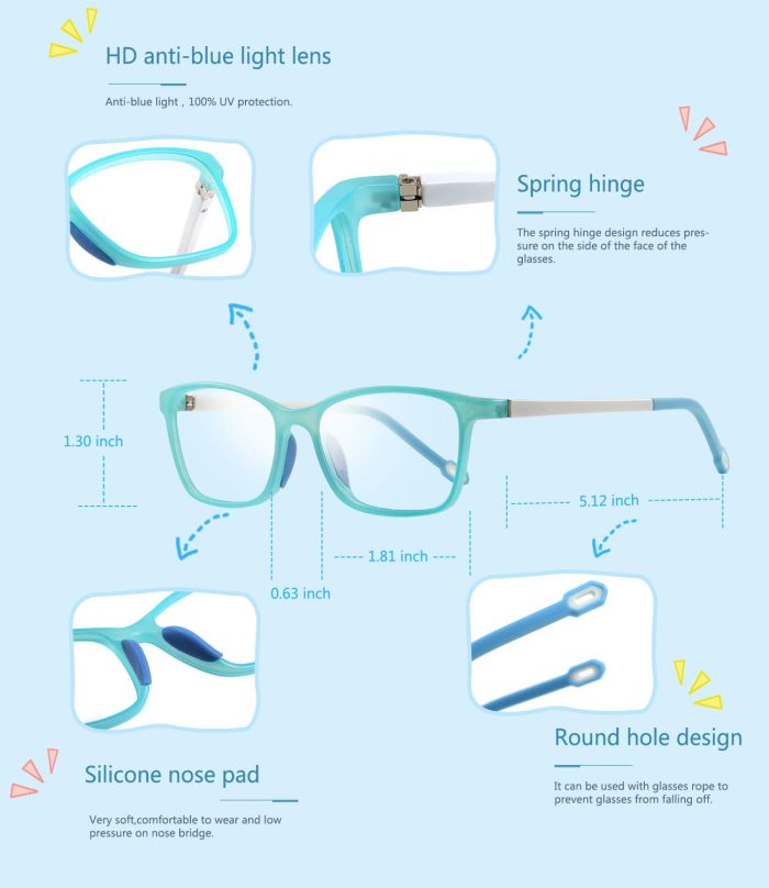 2 Pack Kids Blue light Glasses, Square Flexible TR90 Frame, Anti Blue Light Anti Eyestrain Anti Glare Anti UV Age 4-10 Blue+Pink