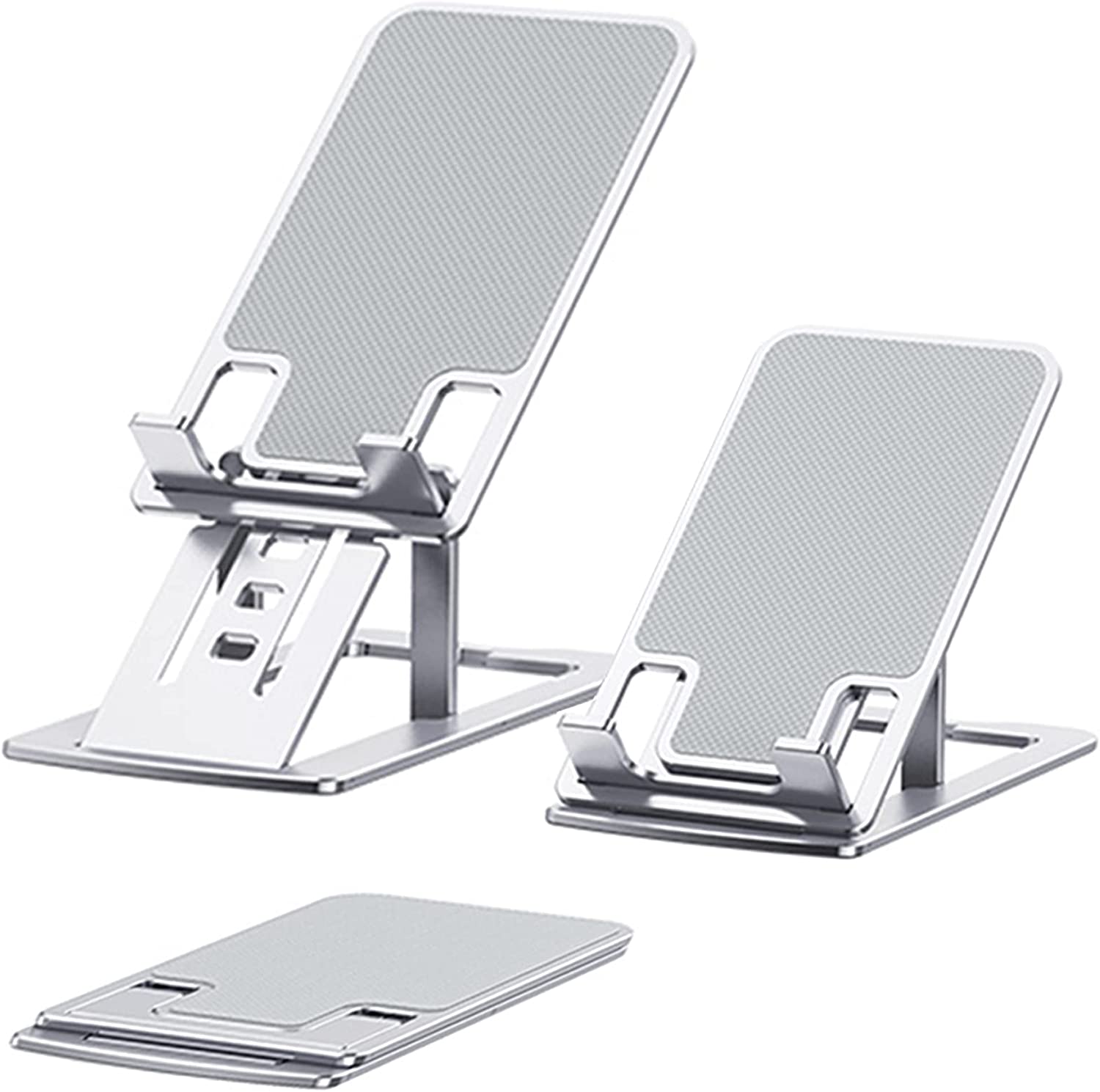 Cell Phone Holder with Aluminum, Foldable Cell Phone Stand for Office and Travel, Adjustable Desk Phone Holder Compatible with All Cell Phone and Tablets Under 12"(Silver)