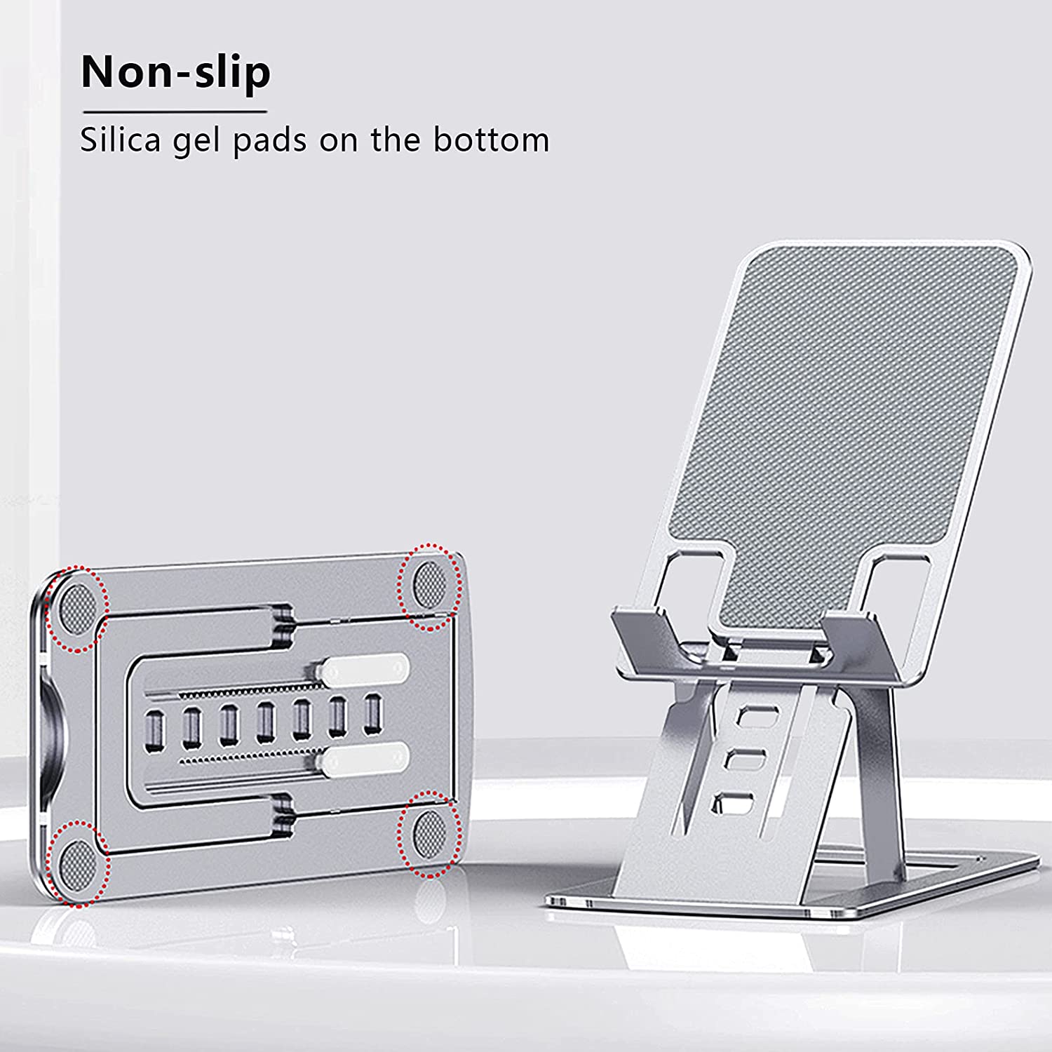 Cell Phone Holder with Aluminum, Foldable Cell Phone Stand for Office and Travel, Adjustable Desk Phone Holder Compatible with All Cell Phone and Tablets Under 12"(Silver)