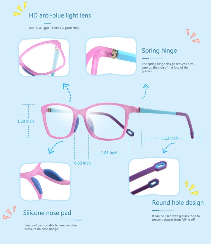 Kids Blue light Glasses, Square Flexible TR90 Frame, Anti Blue Light Anti Eyestrain Anti Glare Anti UV Age 4-10 Purple