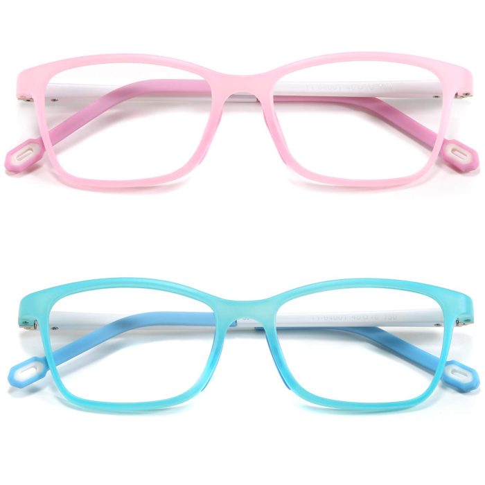 2 Pack Kids Blue light Glasses, Square Flexible TR90 Frame, Anti Blue Light Anti Eyestrain Anti Glare Anti UV Age 4-10 Blue+Pink