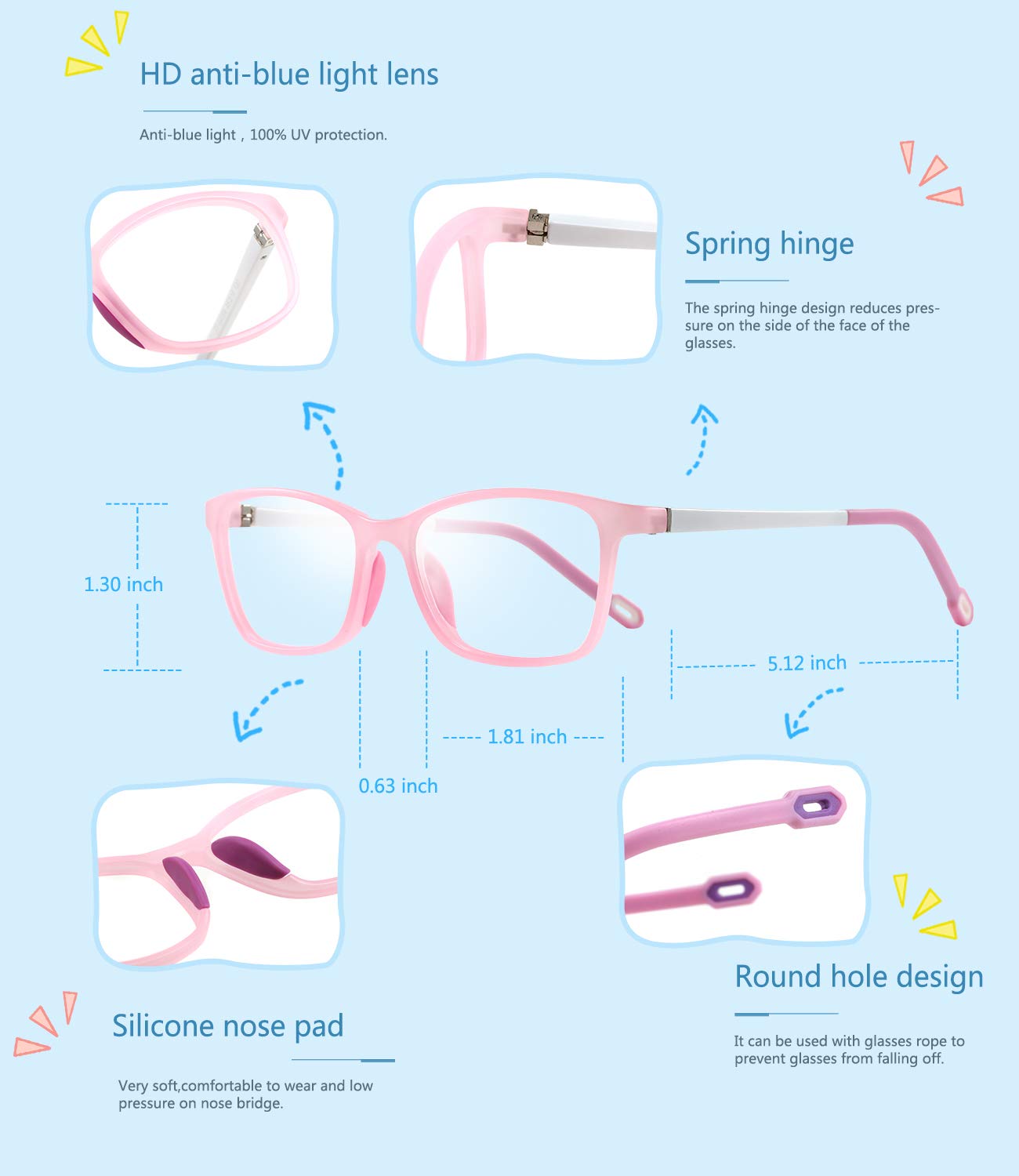 Kids Blue Light Glasses, Square Flexible TR90 Frame, Anti Blue Light Anti Eyestrain Anti Glare Anti UV Age 4-10 Pink
