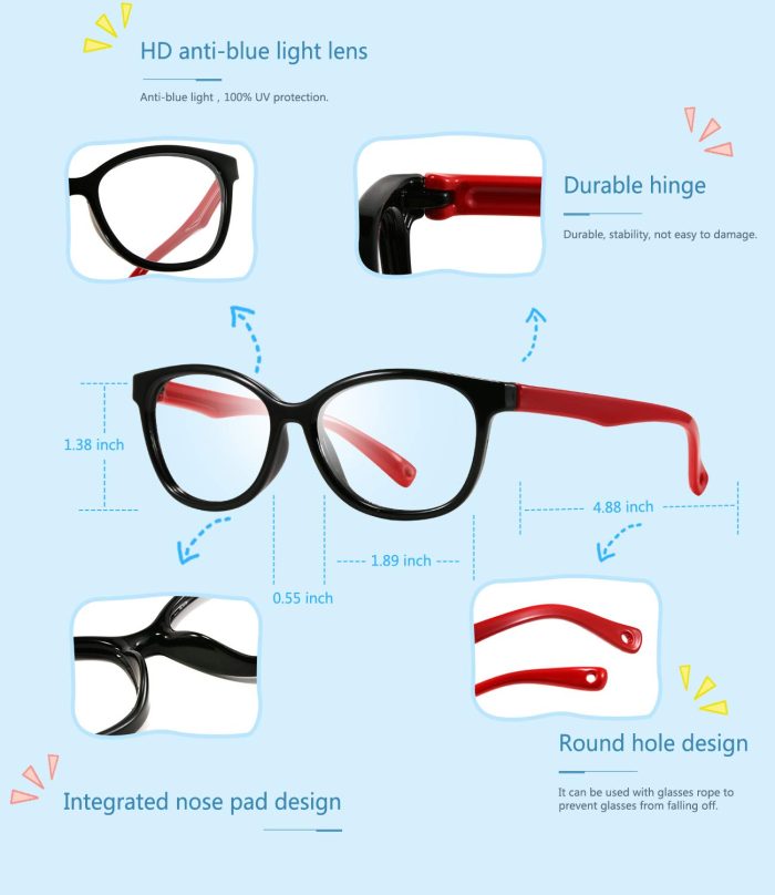 Blue Light Blocking Glasses for Kids Strap Computer and Gamer Eyewear Anti-Glare Protection Anti-Eyestrain Anti UV Glasses for Computer or Tv, Smartphone Screens, Boys Girls Age 3-10 Black&Red