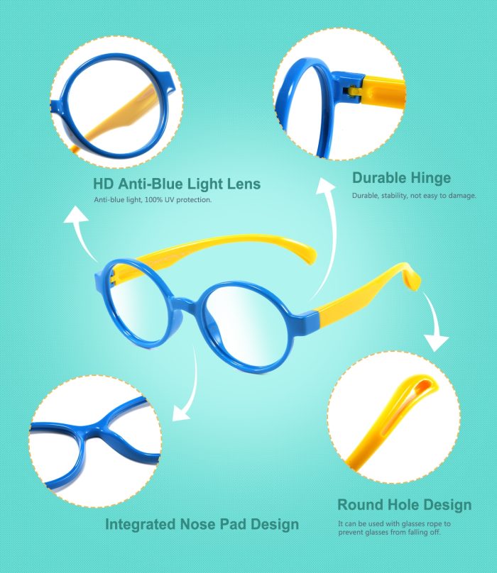 Blue Light Blocking Glasses for Kids Flexible Round Frame with Anti-Fatigue Anti-Glare Anti UV Glasses Age 3-12