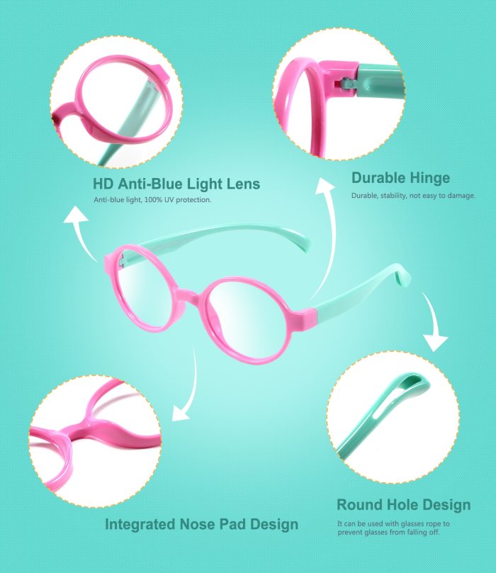 Blue Light Blocking Glasses for Kids Flexible Round Frame with Anti-Fatigue Anti-Glare Anti UV Glasses Age 3-12