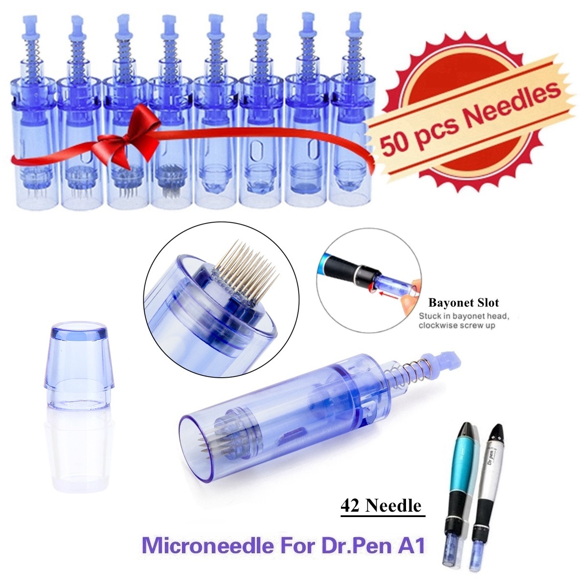 Med SPA Care® Disposable Replacement Cartridges - Fit for Derma Pen Dr.pen Ultima A1 Electric Skin Care Device Dermapen Permanent Makeup Pen (42 Pins, A1 Blue 0.25mm 50pcs)