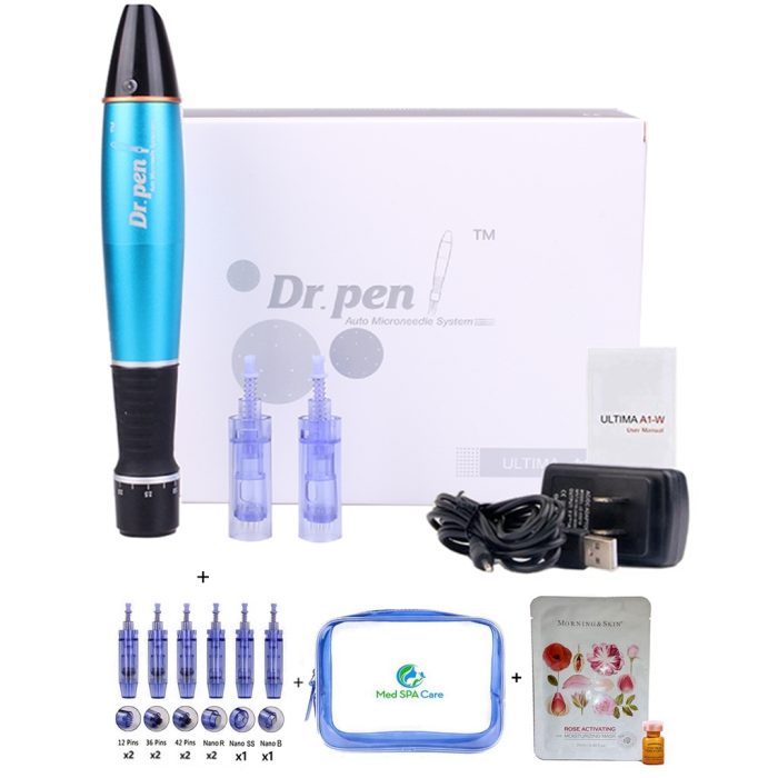 Med SPA Care® Dr Pen Ultima A1 Rechargeable Skincare System Dr.pen Dermapen Permanent Makeup Pen w/ Ultima A1 Derma Pen Cartridges 0.01~0.25mm (A1-W, Blue)