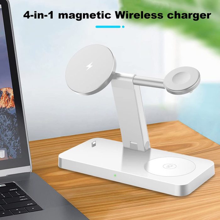 AILEND 15W Folding 4 in 1 Watch Smart Qi Charger Magnetic Mobile Phone Wireless Fast Charger Holder (White)