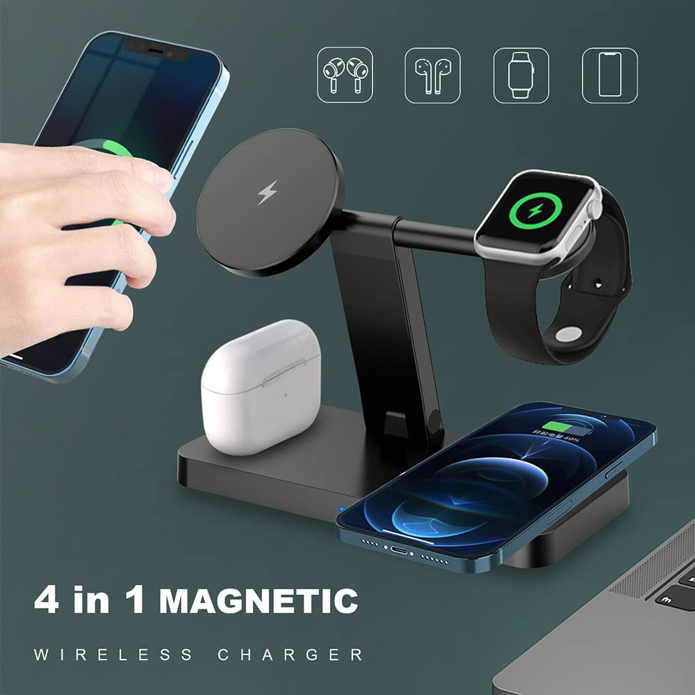 AILEND 15W Folding 4 in 1 Watch Smart Qi Charger Magnetic Mobile Phone Wireless Fast Charger Holder (Black)