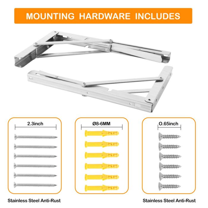 YOC Folding Shelf Brackets 12 Inches, Folding Table Hinge, Stainless Steel, Collapsible Wall Mount DIY Bracket for Work Bench Table, Max Load 330 Lb, Pack of 2 with Screws