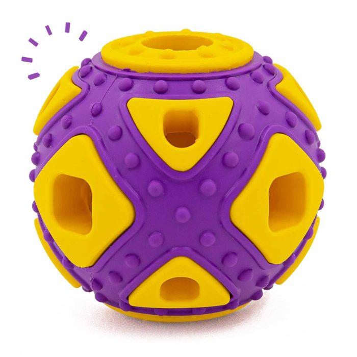 Dog Ball Toy, Jingle Bell Inside for Gift, Rubber Squeaky Toy, Interactive Smart Ball with Holes, Ideal for Puppies, Small, Medium and Blind Dogs, 2.5 Inch(Purple Yellow)