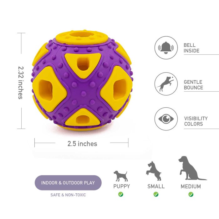 Dog Ball Toy, Jingle Bell Inside for Gift, Rubber Squeaky Toy, Interactive Smart Ball with Holes, Ideal for Puppies, Small, Medium and Blind Dogs, 2.5 Inch(Purple Yellow)