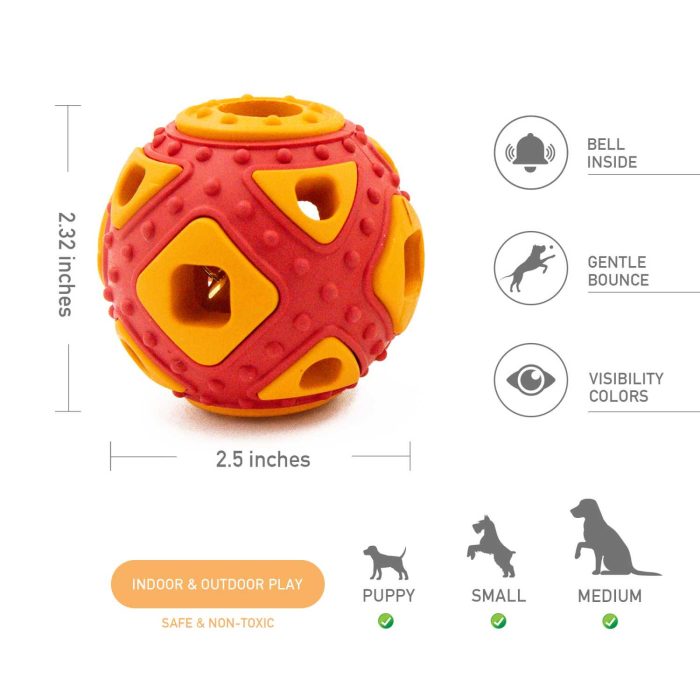 YOXOZO Dog Ball Toy, Jingle Bell Inside for Gift, Rubber Squeaky Toy, Interactive Smart Ball with Holes, Ideal for Puppies, Small, Medium and Blind Dogs, 2.5 Inch (RED Orange)