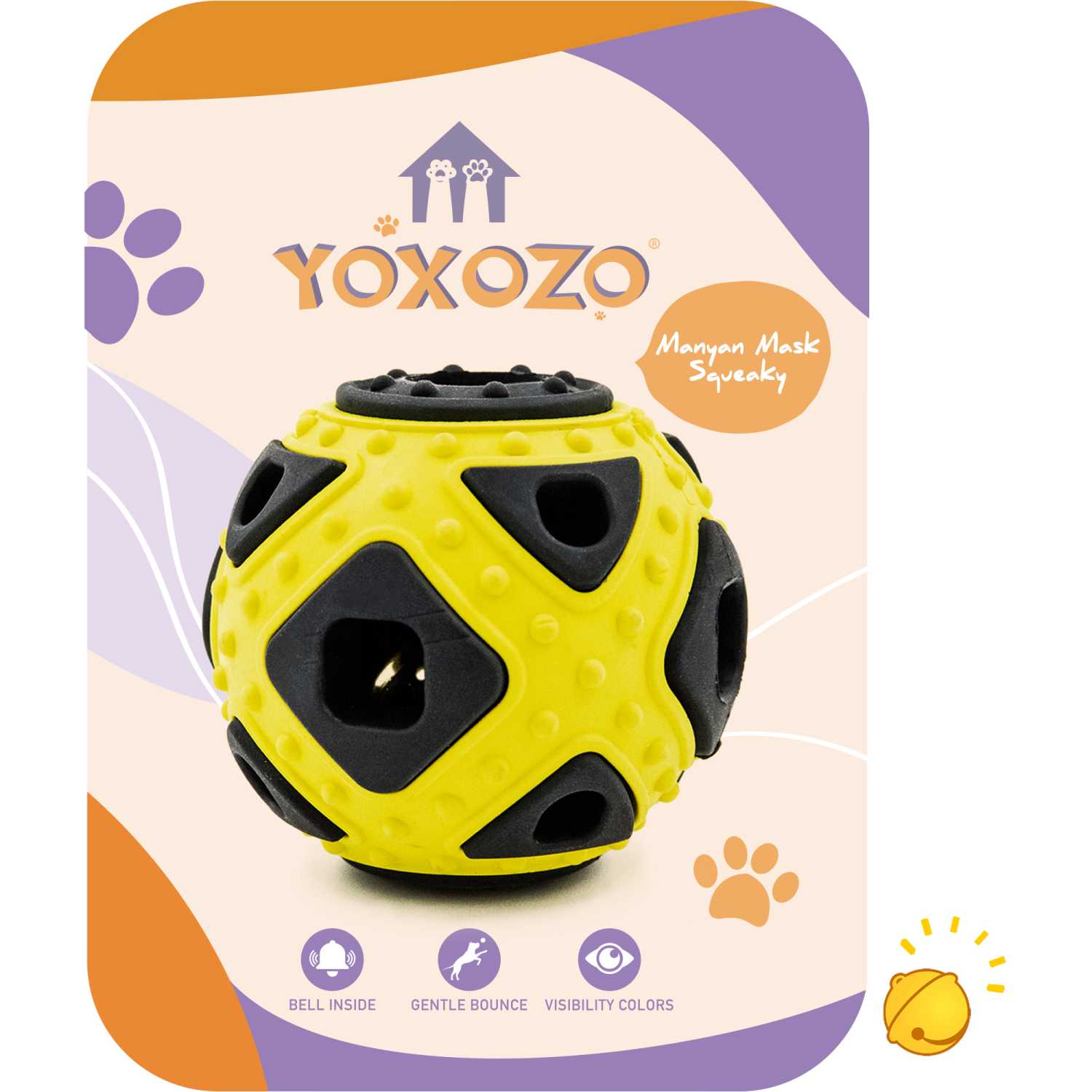 YOXOZO Dog Ball Toy, Jingle Bell Inside for Gift, Rubber Squeaky Toy, Interactive Smart Ball with Holes, Ideal for Puppies, Small, Medium and Blind Dogs, 2.5 Inch (Yellow Black)