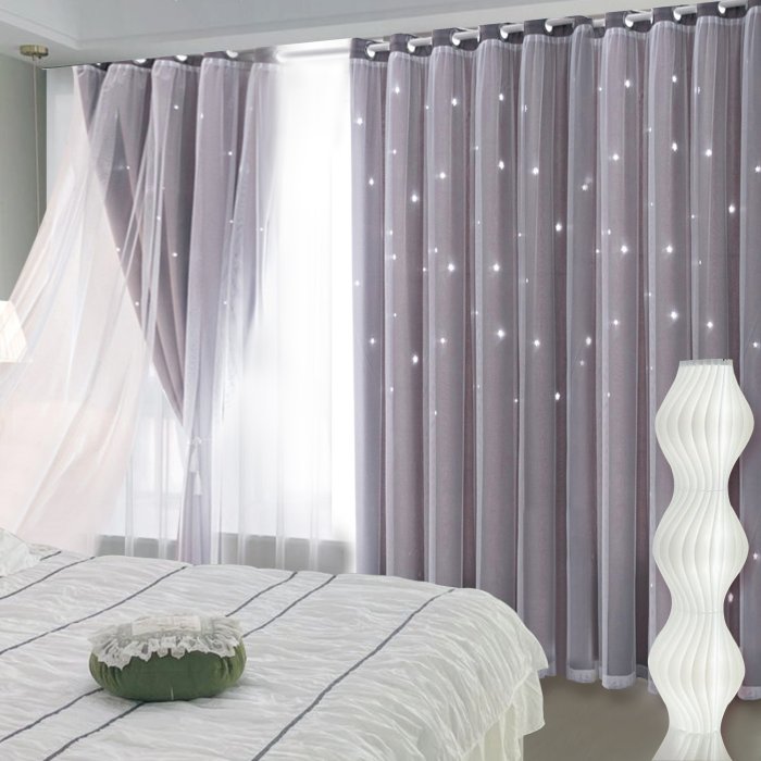 JIABOLANG Grey Star Curtains for Girls Bedroom Star Hollow Out Blackout Curtains for Kids Room Decor Double Layer Star Cut Out Window Curtains 2 Panel, 52W x 63L Inches, Grey