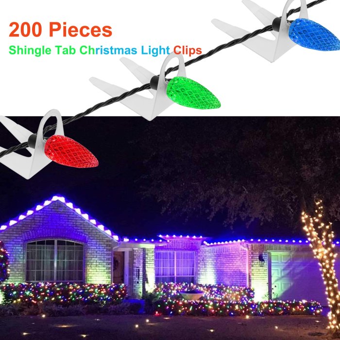 Pack of 200 Original Shingle Tab Christmas Light Clips for Outside C7 C9 Lights, Gutter Light Clips, Xmas Roof Shingles Clips for Hanging Holiday Outdoor String Lights
