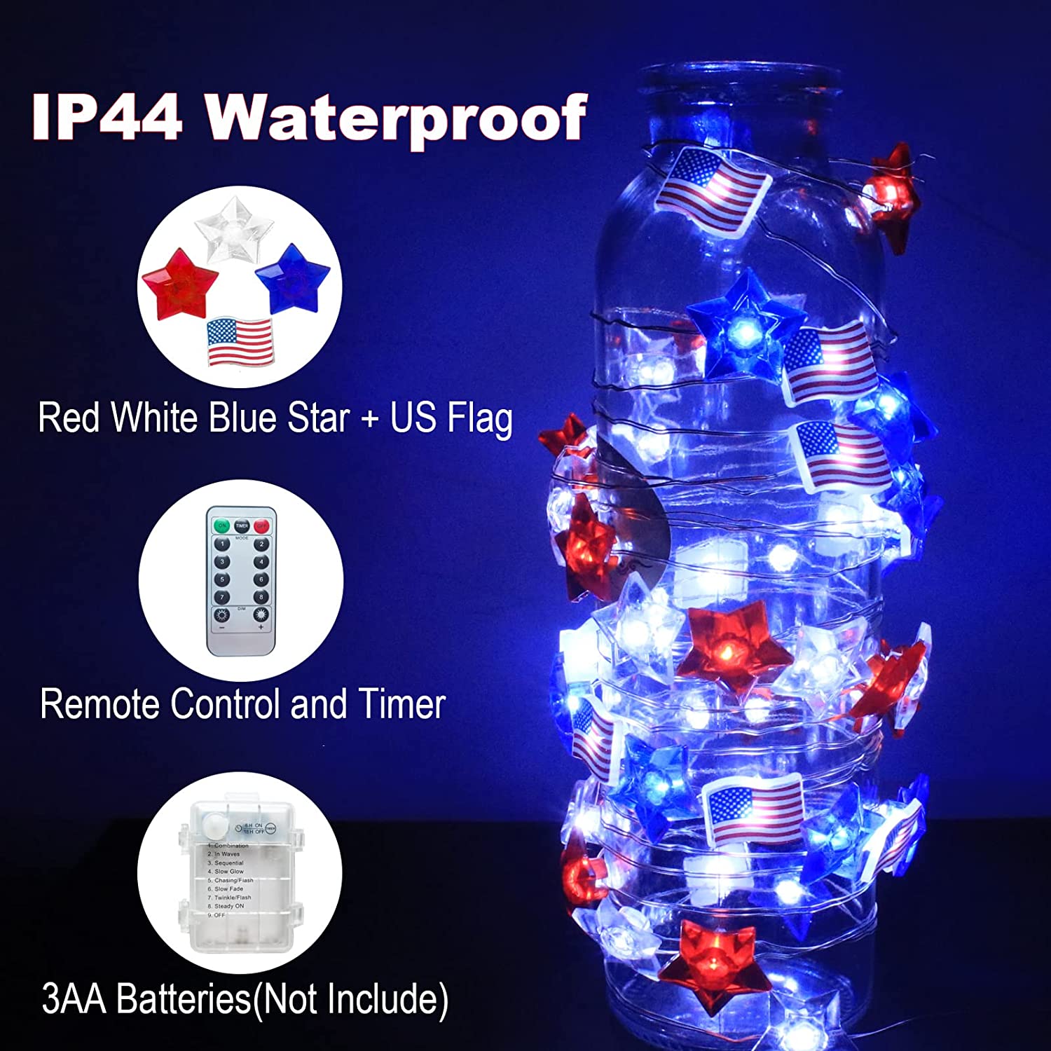 4th of July Decorations - 16.4FT 50 LED Memorial Day Patriotic Decorations String Lights, Star Red White and Blue Lights with American Flag, Independence Day Decoration for Home Indoor Outdoor