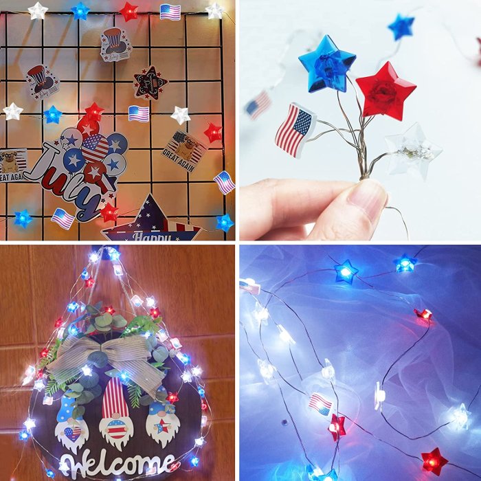 4th of July Decorations - 16.4FT 50 LED Memorial Day Patriotic Decorations String Lights, Star Red White and Blue Lights with American Flag, Independence Day Decoration for Home Indoor Outdoor