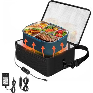 2 in 1 Portable Food Warmer, DC 12V, AC 110V Mini Food Heater with Switchable Plug, Personal Lunch Heating Bag for Reheating Food in Car, Travel, Camping, Work, Home