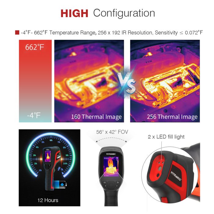256 x 192 IR High Resolution Thermal Imaging Camera, 12 Hours Battery Life Handheld Infrared Camera for Home Inspection HVAC Leak Detection Electrical Maintance