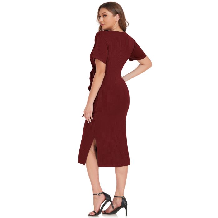 Wine Red-XL Women's Summer Bodycon Dress Ribbed Knit Short Sleeve Warp V Neck Split Pencil Midi Dresses