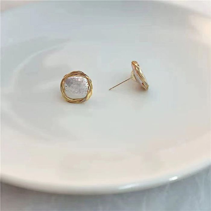 Omnesgit Gold Pearl Earring, 14K Gold Wrapped Silk Handmade Real Baroque Stud Earrings for Women