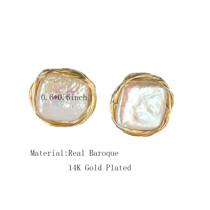 Omnesgit Gold Pearl Earring, 14K Gold Wrapped Silk Handmade Real Baroque Stud Earrings for Women